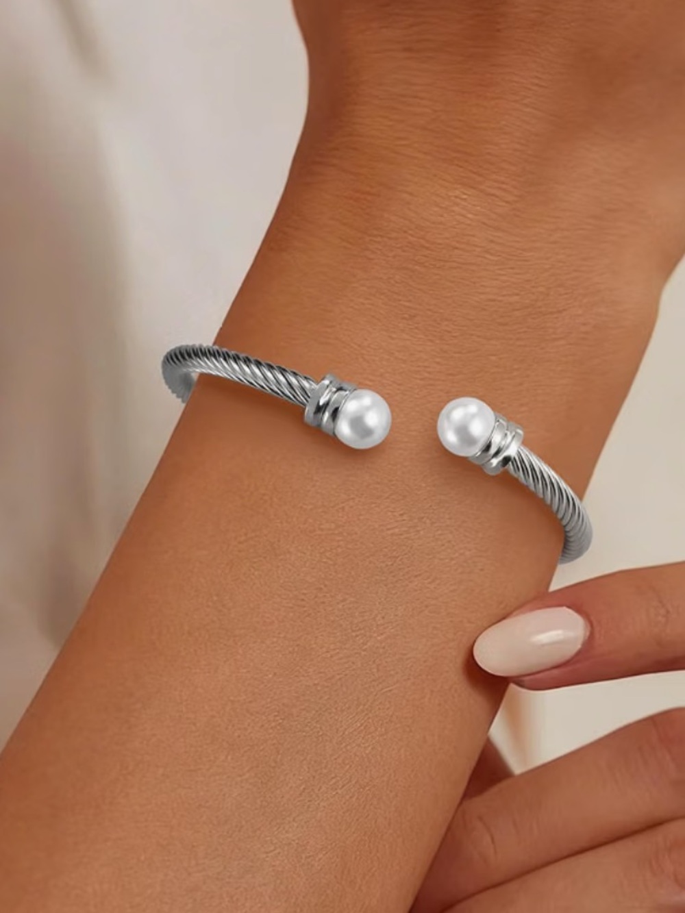 Silver Pearl-Ended Cable Cuff Bracelet